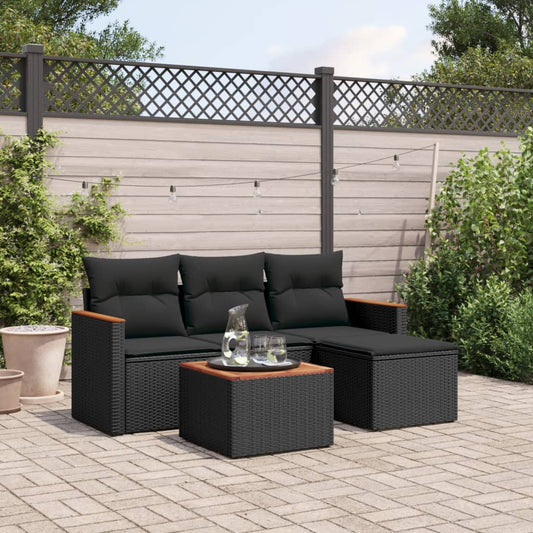 5-delige Loungeset met kussens poly rattan zwart