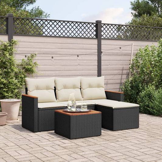 5-delige Loungeset met kussens poly rattan zwart