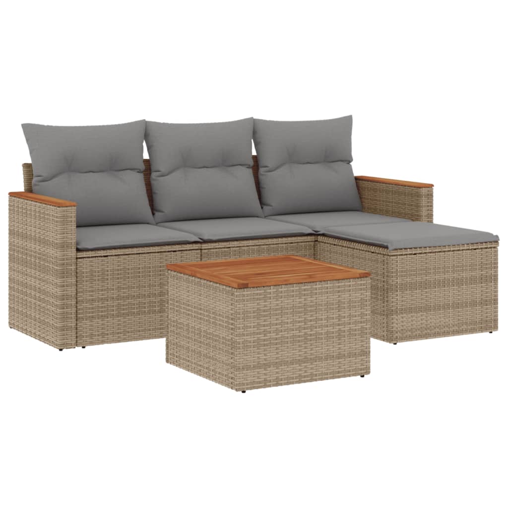 5-delige Loungeset met kussens poly rattan beige