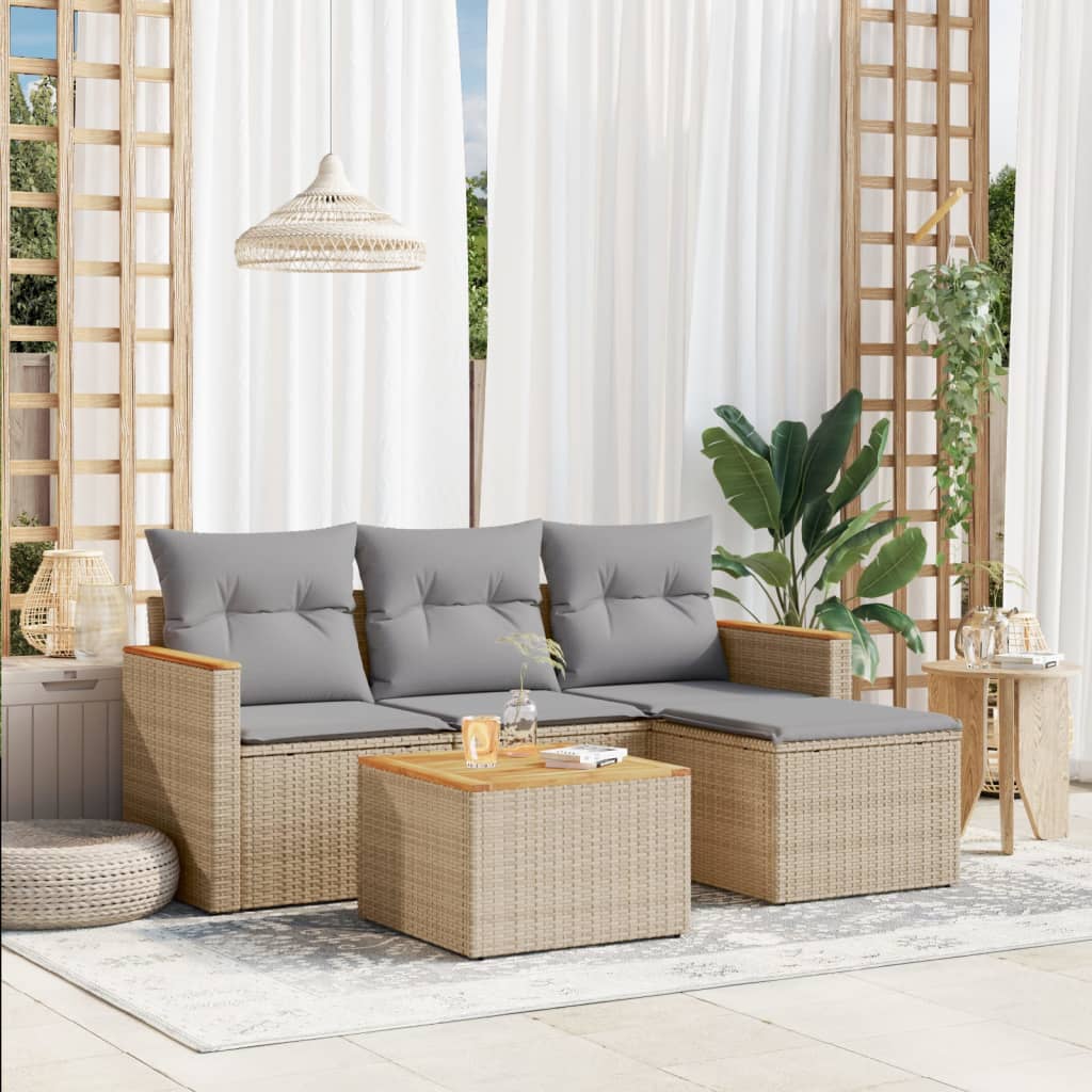 5-delige Loungeset met kussens poly rattan beige