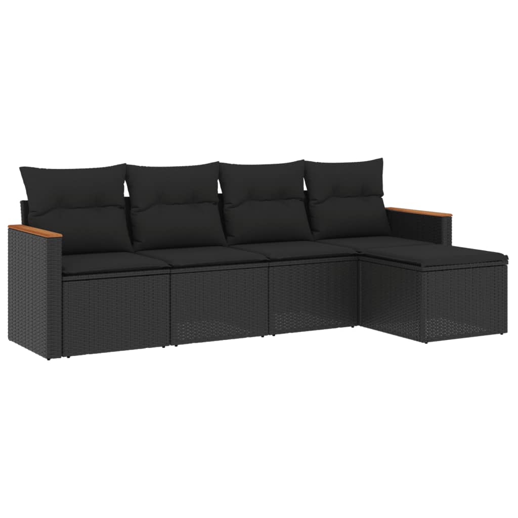 5-delige Loungeset met kussens poly rattan zwart