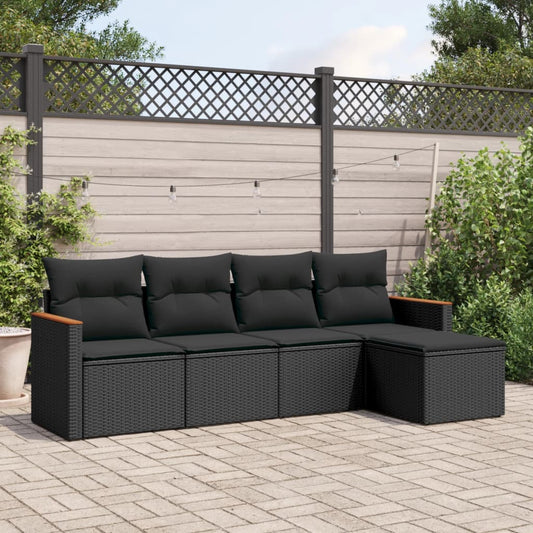 5-delige Loungeset met kussens poly rattan zwart