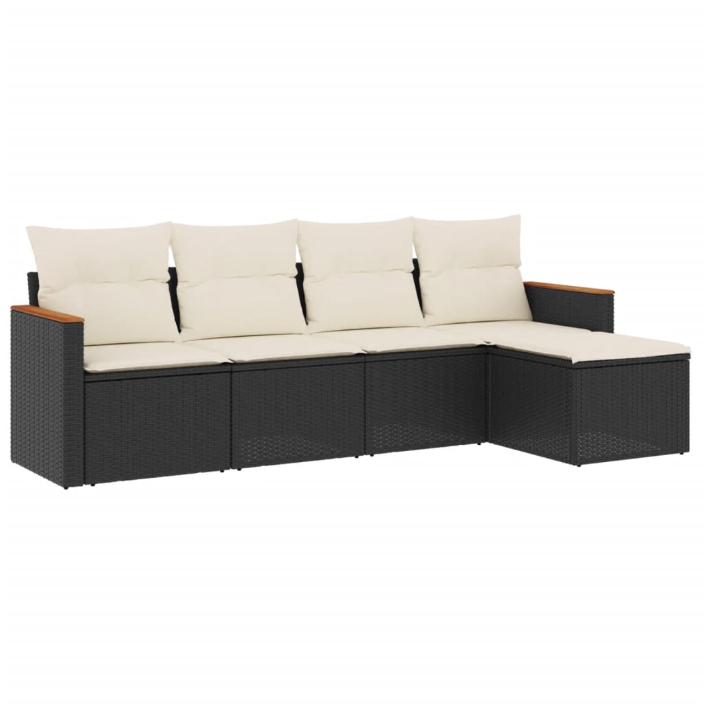 5-delige Loungeset met kussens poly rattan zwart