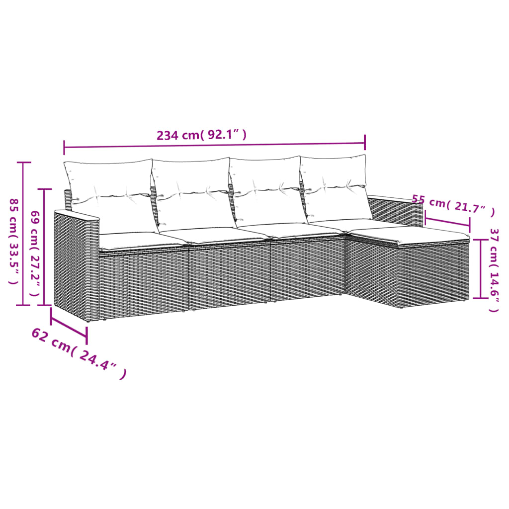 5-delige Loungeset met kussens poly rattan zwart