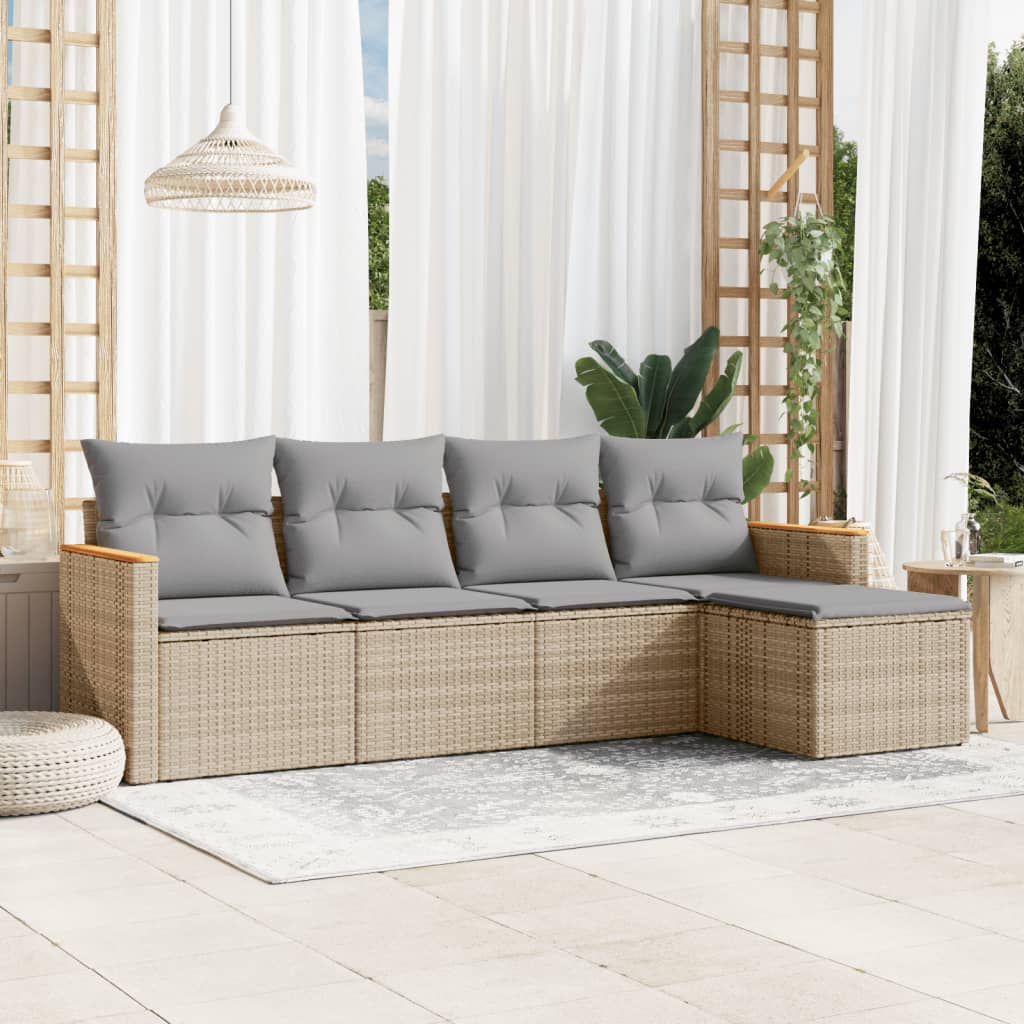 5-delige Loungeset met kussens poly rattan beige