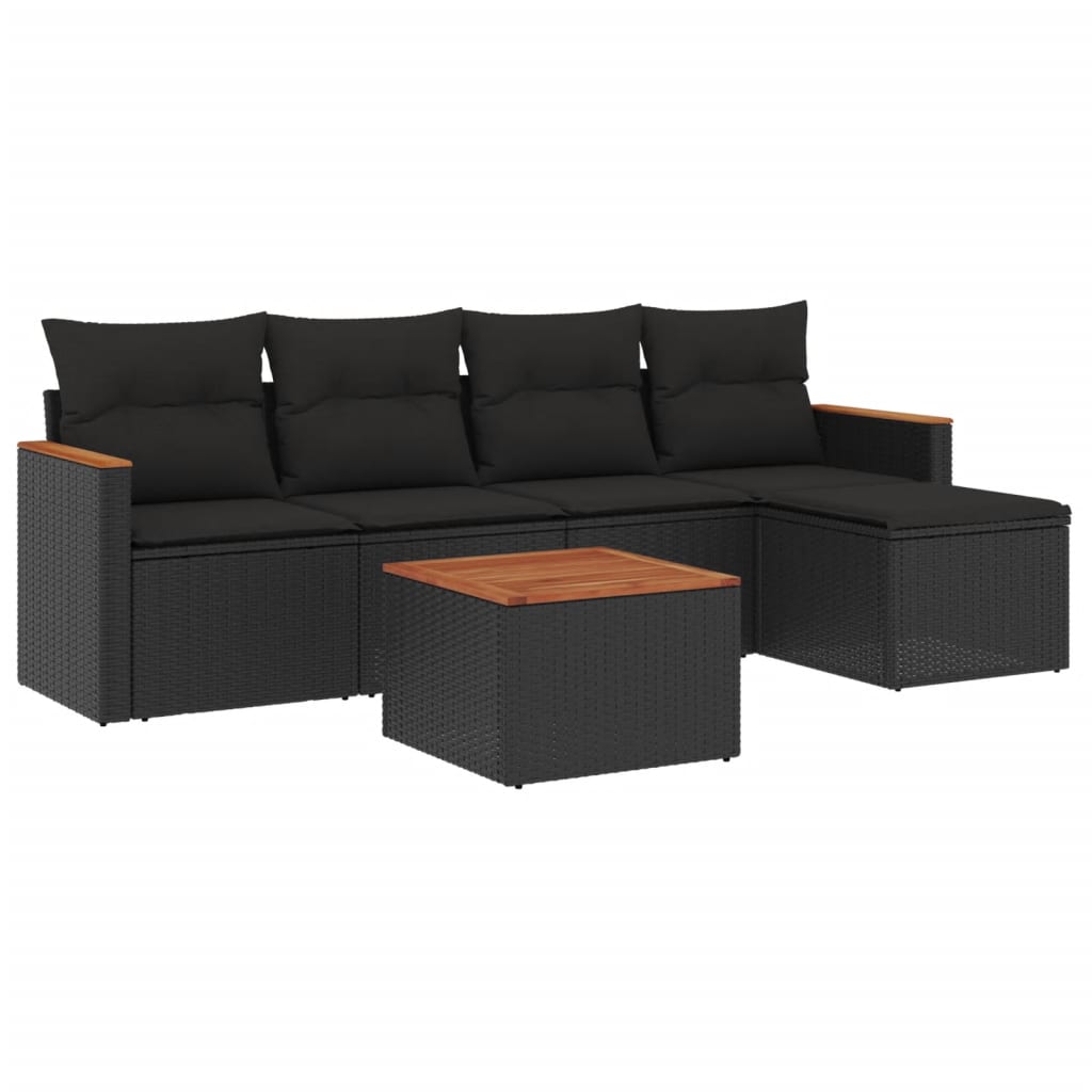 6-delige Loungeset met kussens poly rattan zwart