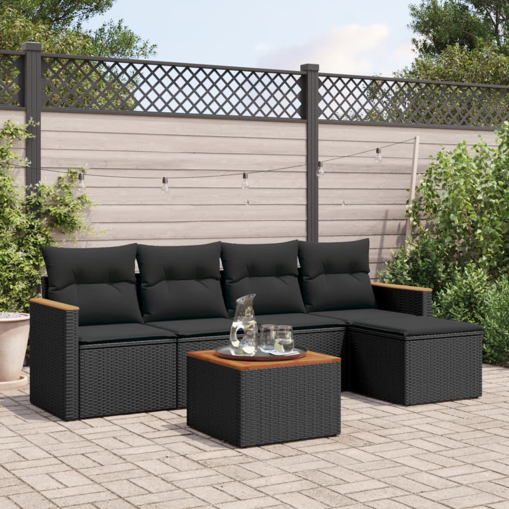 6-delige Loungeset met kussens poly rattan zwart