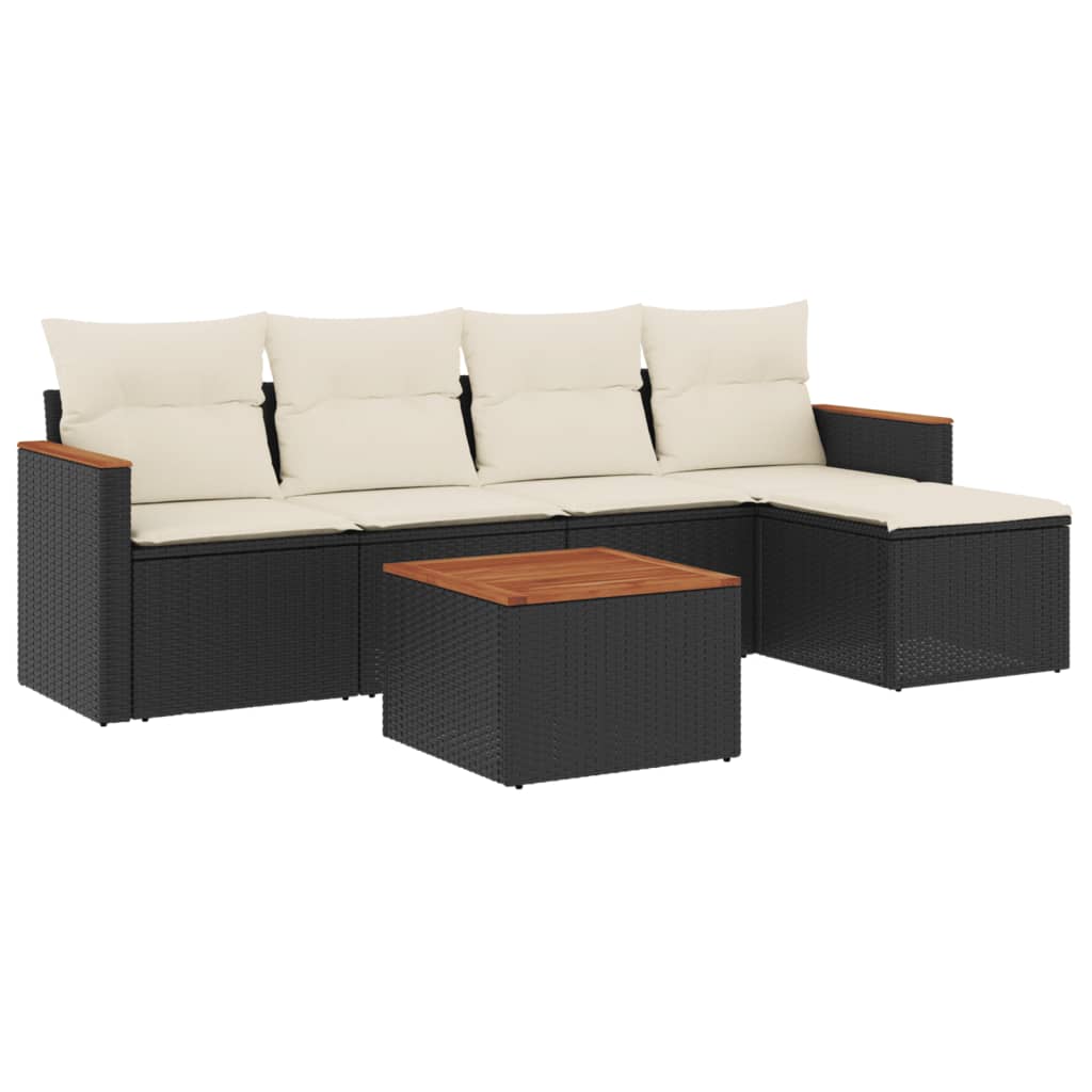 6-delige Loungeset met kussens poly rattan zwart