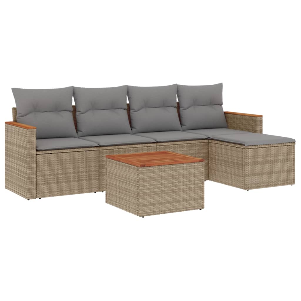 6-delige Loungeset met kussens poly rattan beige