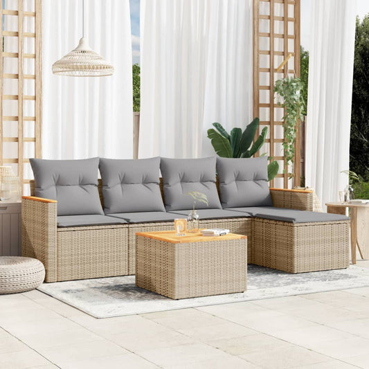 6-delige Loungeset met kussens poly rattan beige