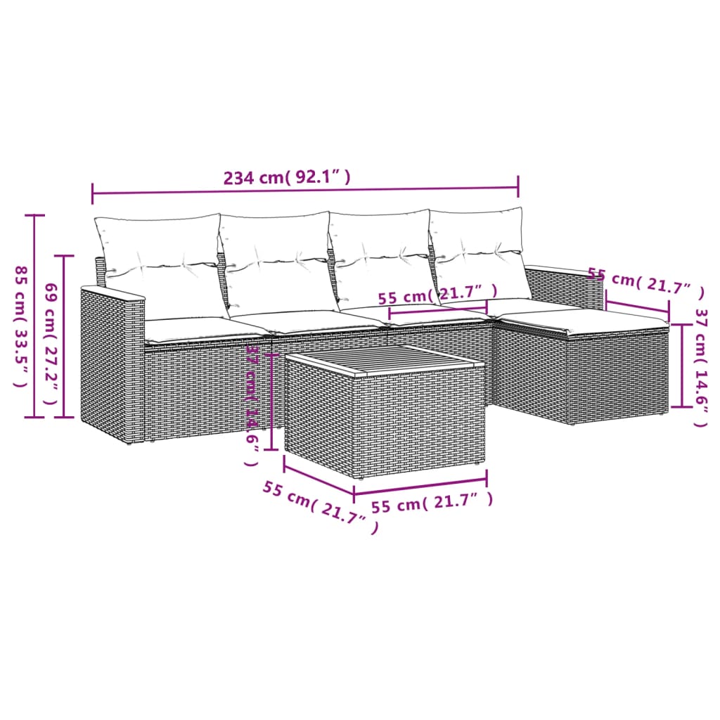 6-delige Loungeset met kussens poly rattan grijs