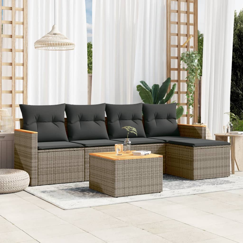 6-delige Loungeset met kussens poly rattan grijs