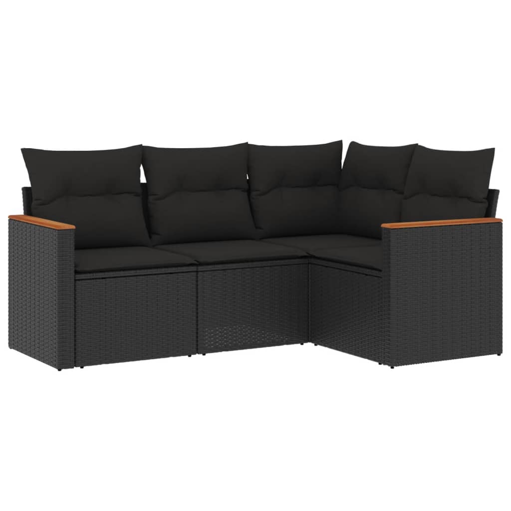 4-delige Loungeset met kussens poly rattan zwart