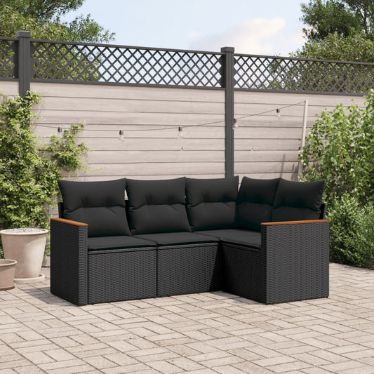 4-delige Loungeset met kussens poly rattan zwart