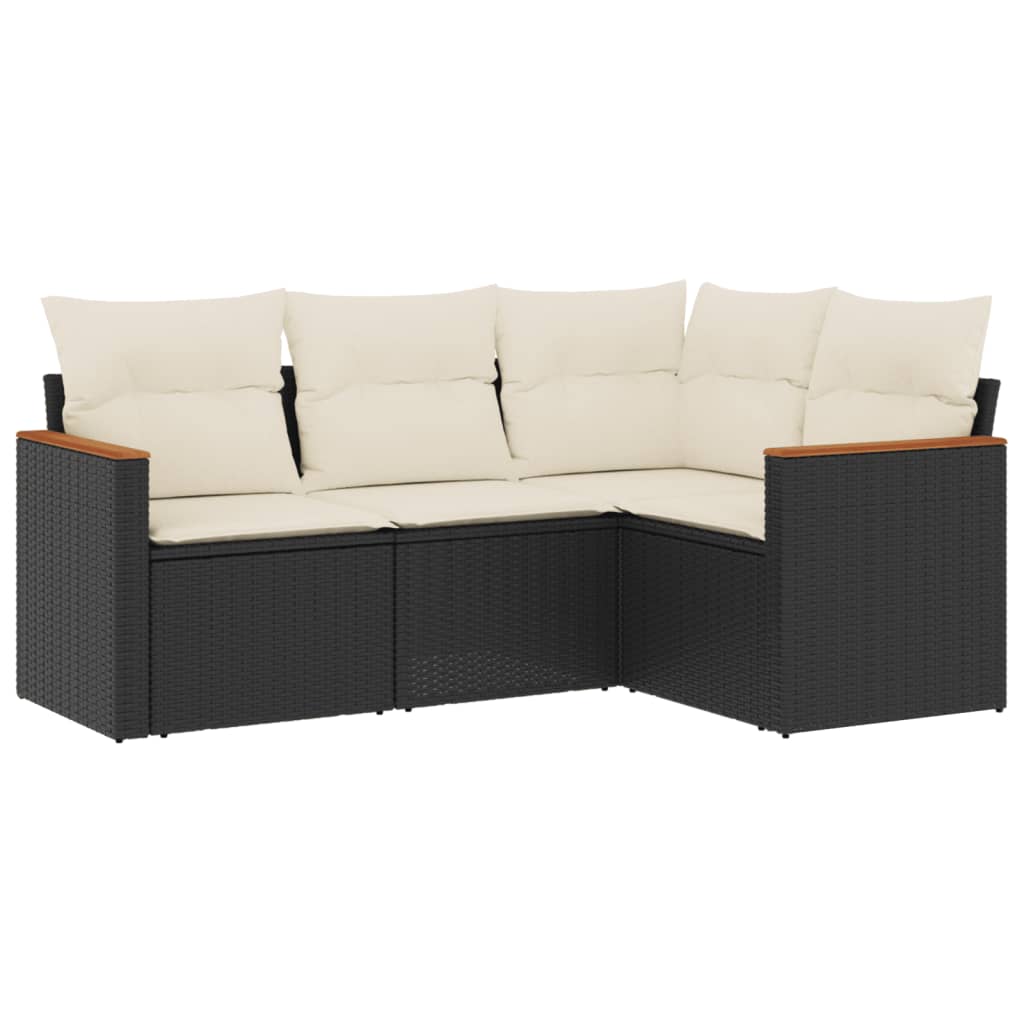 4-delige Loungeset met kussens poly rattan zwart