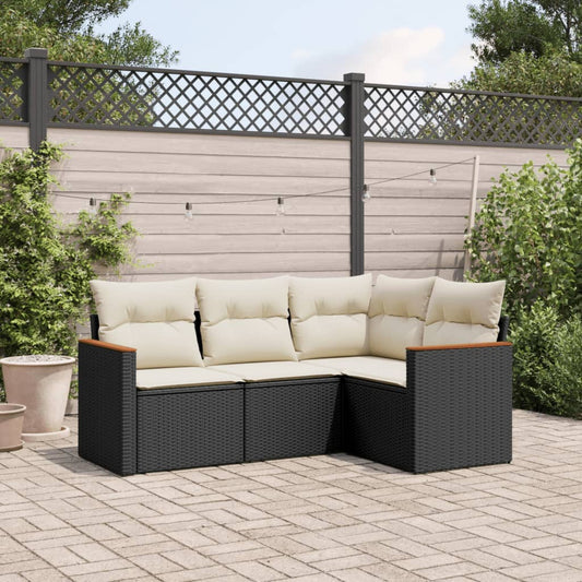 4-delige Loungeset met kussens poly rattan zwart