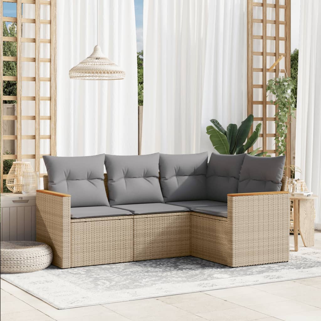 4-delige Loungeset met kussens poly rattan beige