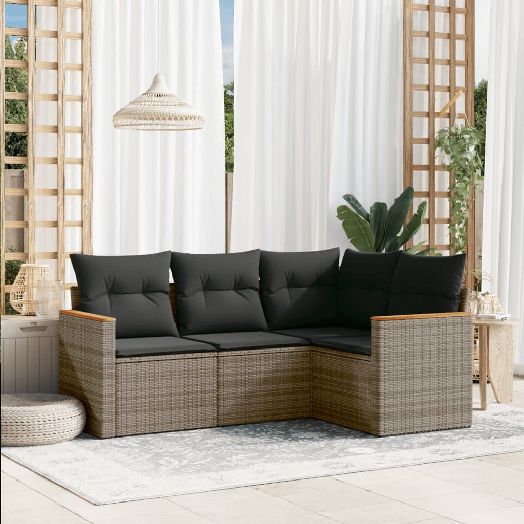 4-delige Loungeset met kussens poly rattan grijs