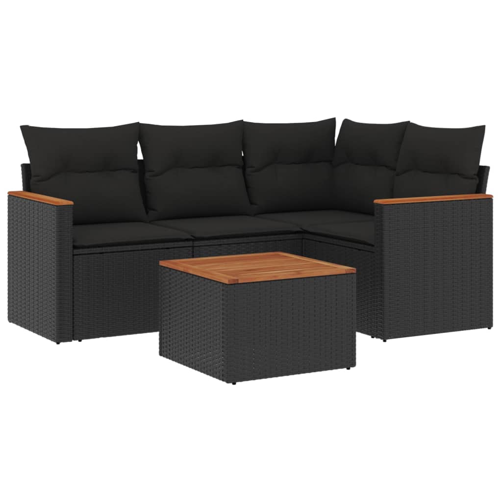 5-delige Loungeset met kussens poly rattan zwart