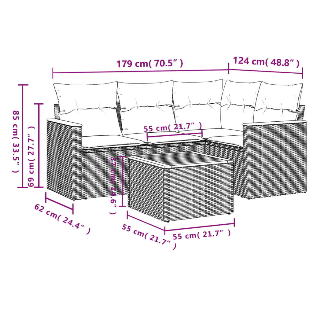 5-delige Loungeset met kussens poly rattan zwart