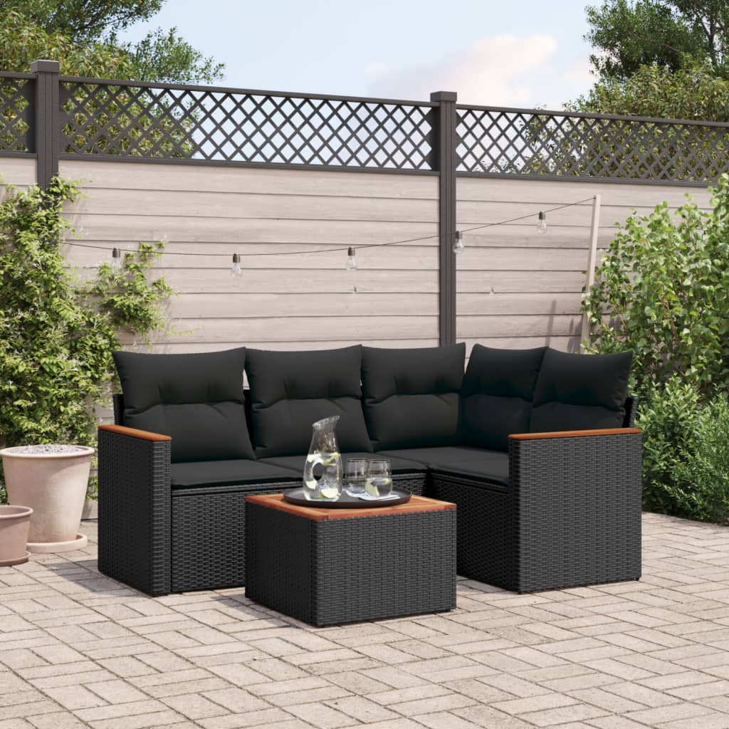 5-delige Loungeset met kussens poly rattan zwart