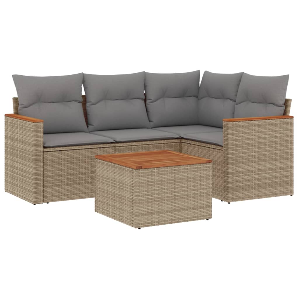 5-delige Loungeset met kussens poly rattan beige