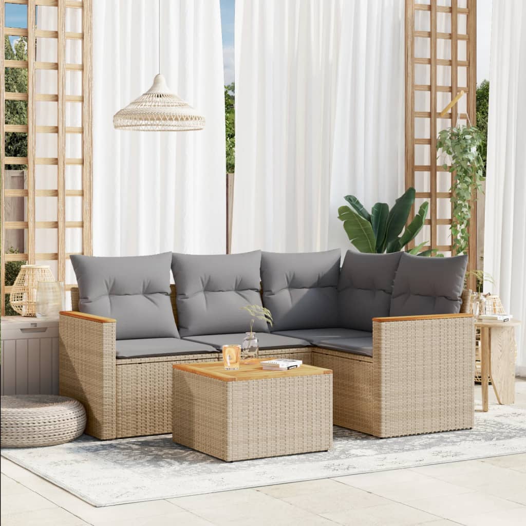 5-delige Loungeset met kussens poly rattan beige