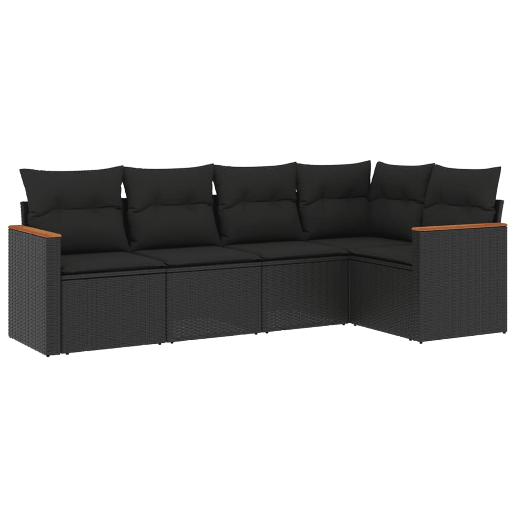 5-delige Loungeset met kussens poly rattan zwart