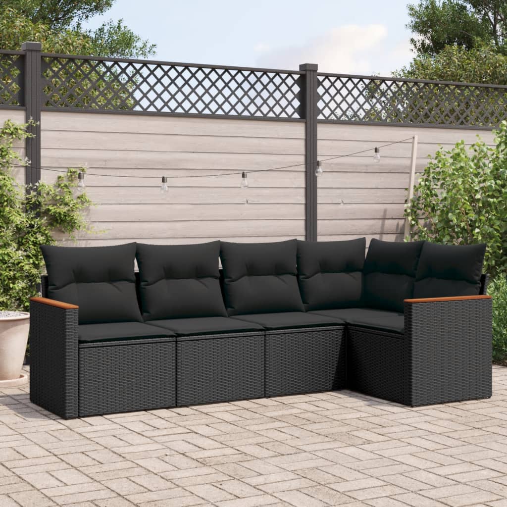 5-delige Loungeset met kussens poly rattan zwart