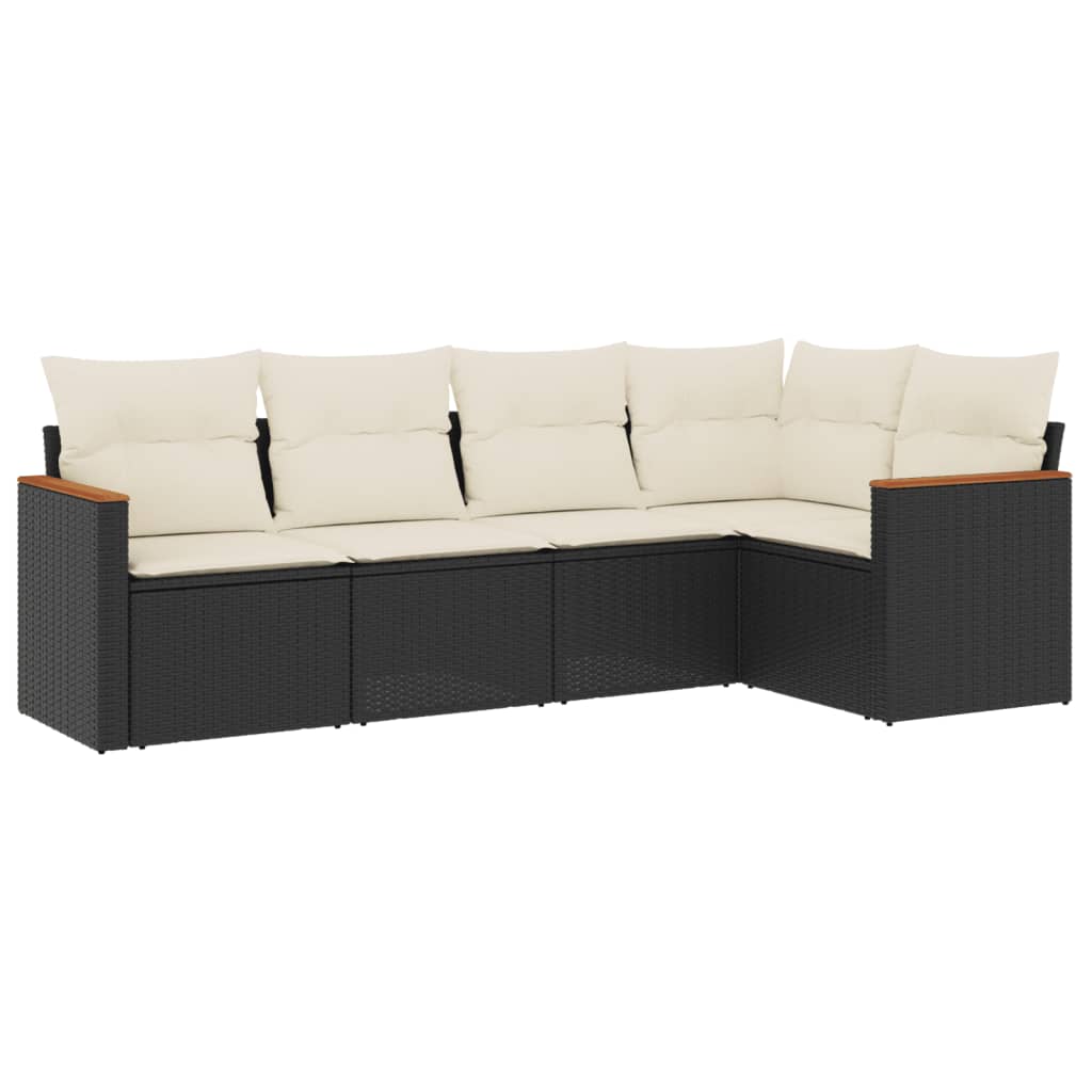 5-delige Loungeset met kussens poly rattan zwart