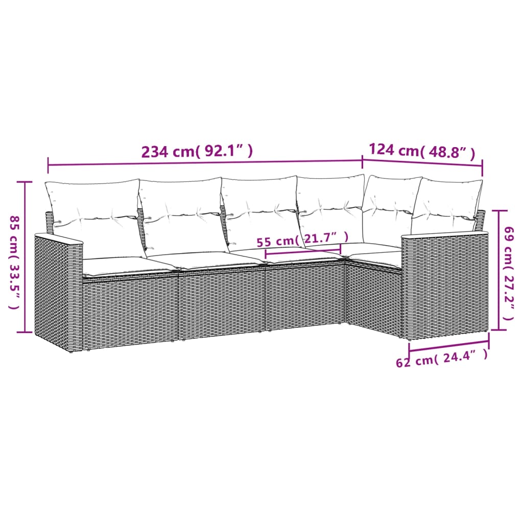 5-delige Loungeset met kussens poly rattan zwart