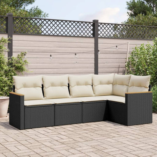 5-delige Loungeset met kussens poly rattan zwart