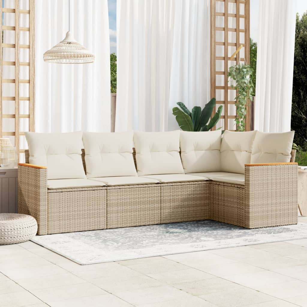 5-delige Loungeset met kussens poly rattan beige