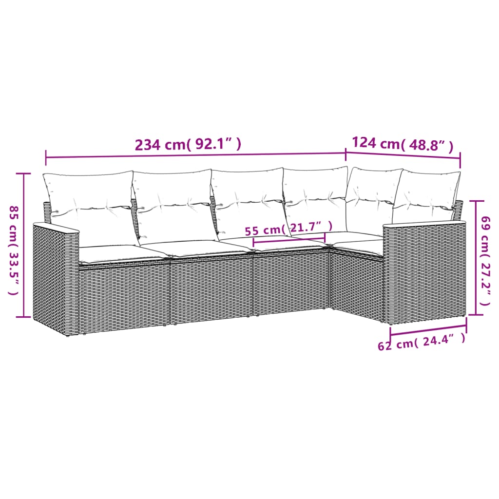 5-delige Loungeset met kussens poly rattan beige