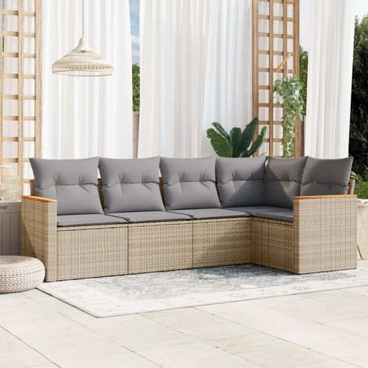 5-delige Loungeset met kussens poly rattan beige