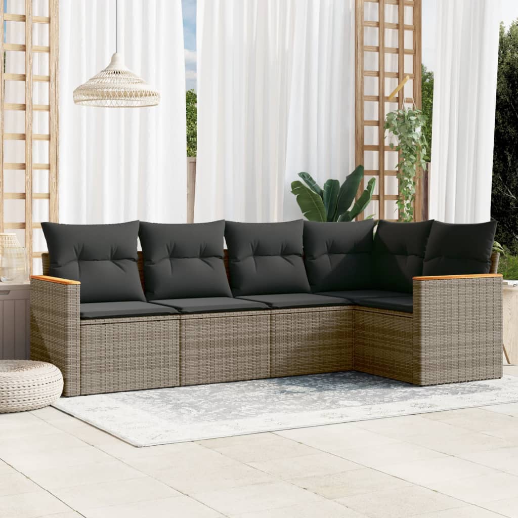 5-delige Loungeset met kussens poly rattan grijs