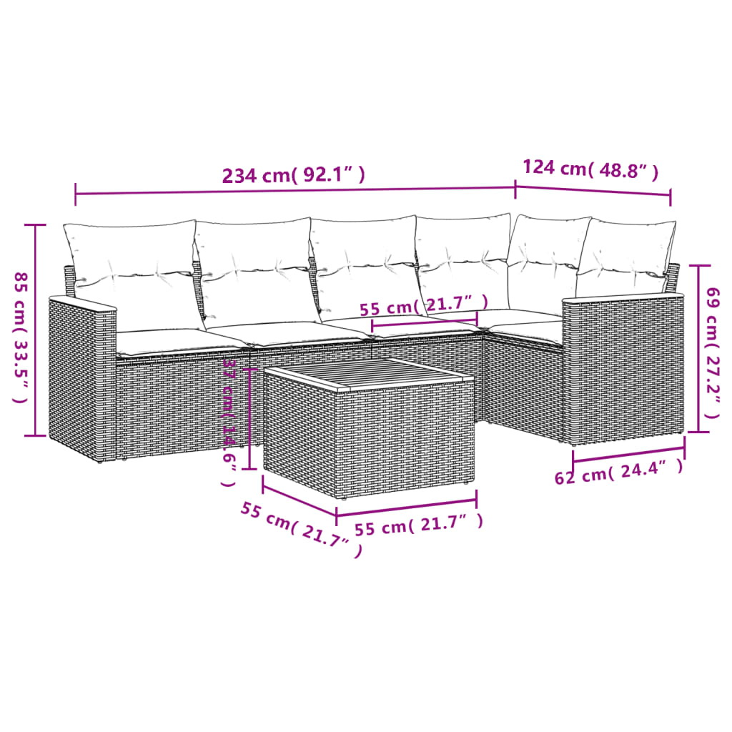 6-delige Loungeset met kussens poly rattan zwart