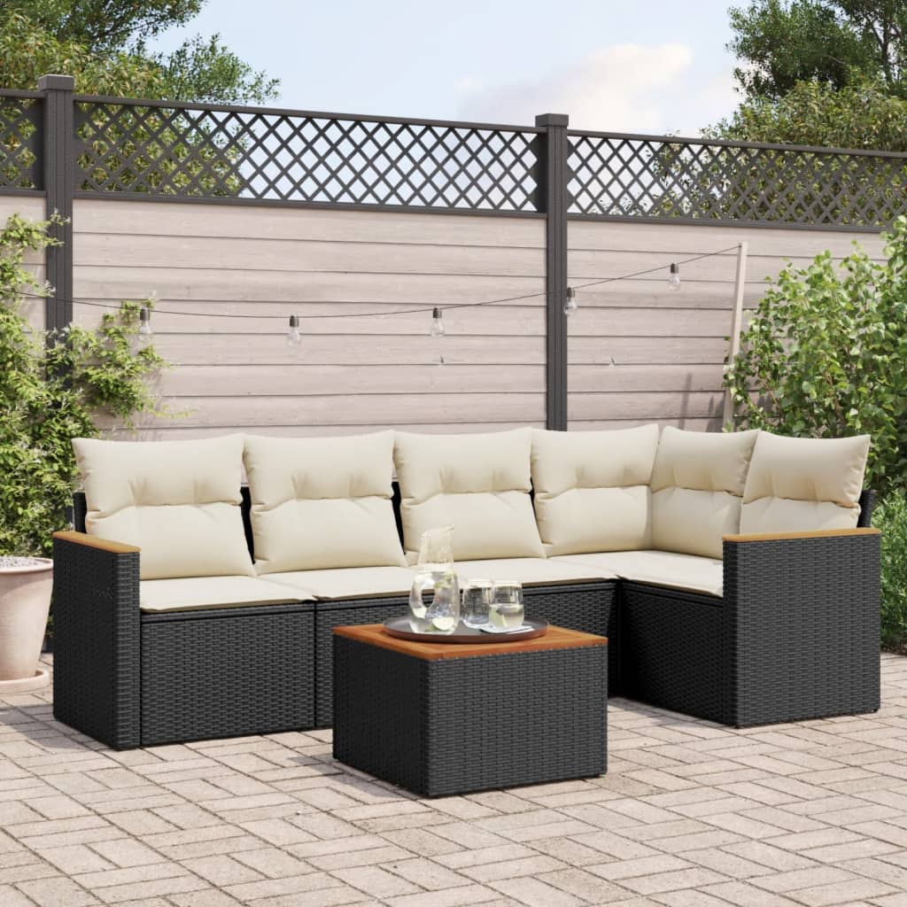 6-delige Loungeset met kussens poly rattan zwart