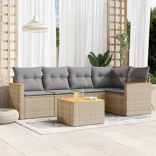 6-delige Loungeset met kussens poly rattan beige