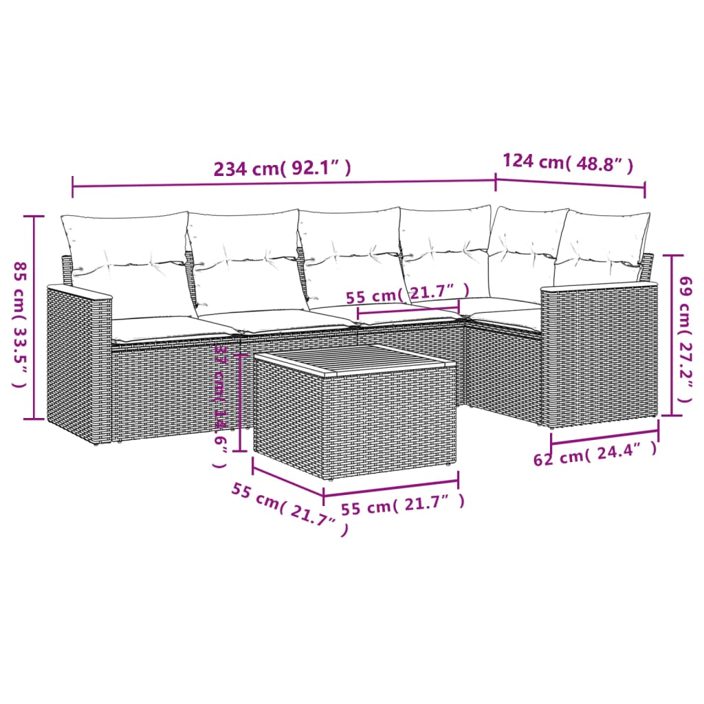 6-delige Loungeset met kussens poly rattan grijs