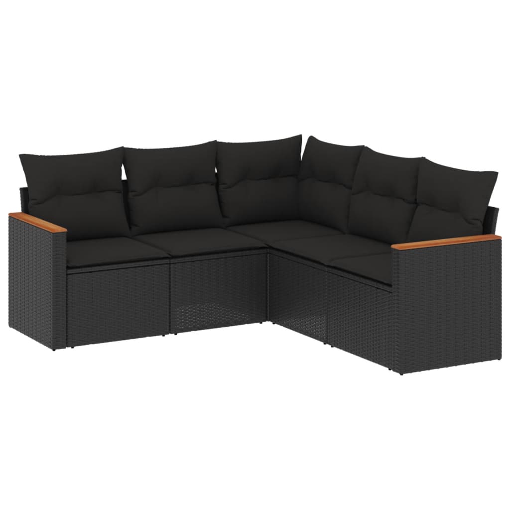 5-delige Loungeset met kussens poly rattan zwart