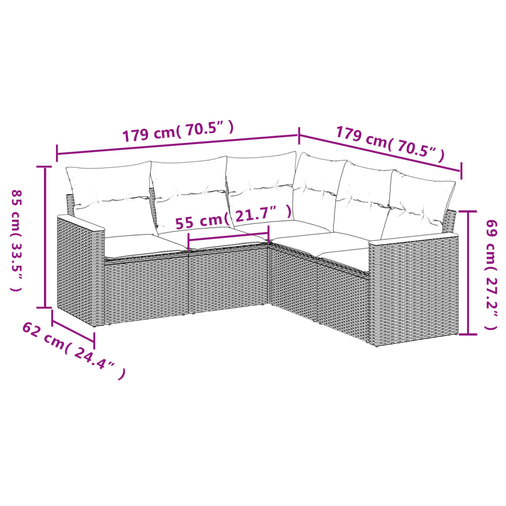 5-delige Loungeset met kussens poly rattan zwart