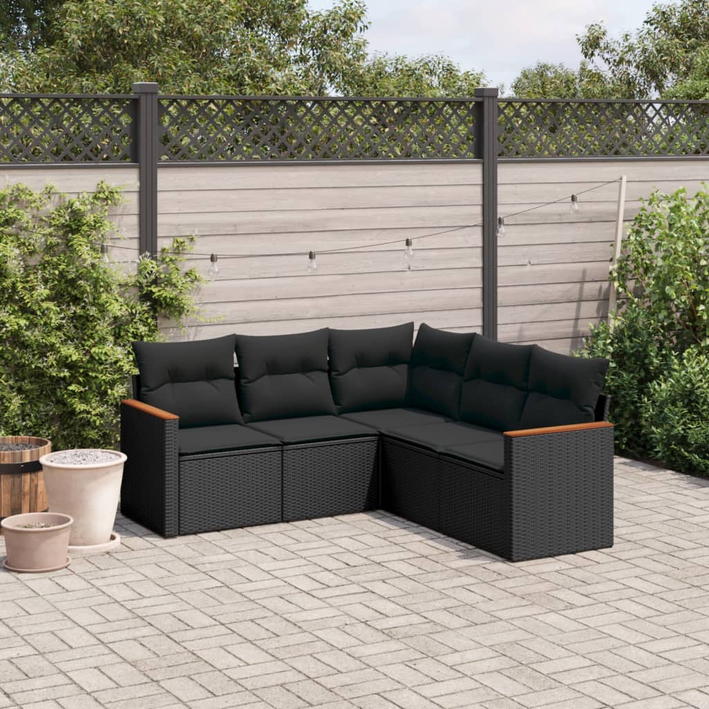 5-delige Loungeset met kussens poly rattan zwart