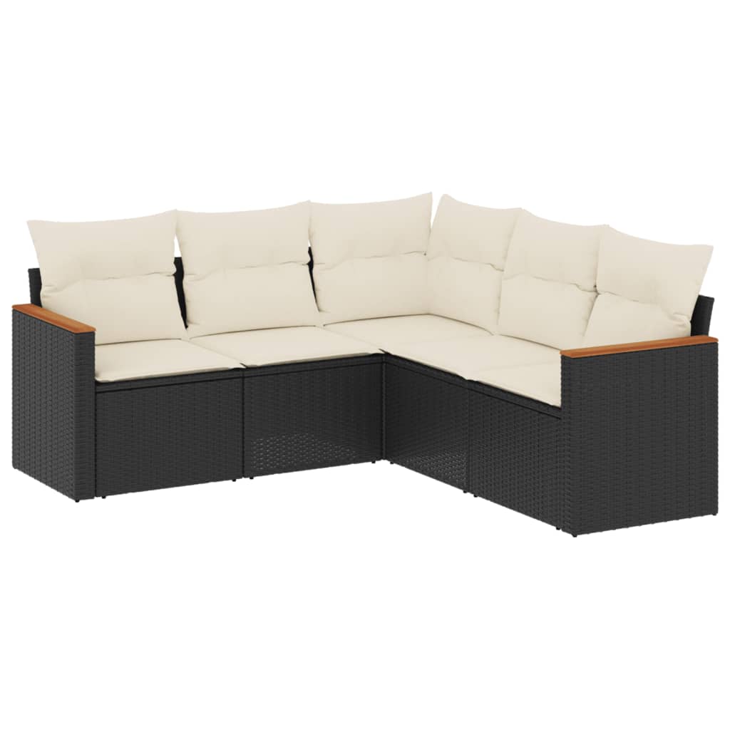 5-delige Loungeset met kussens poly rattan zwart