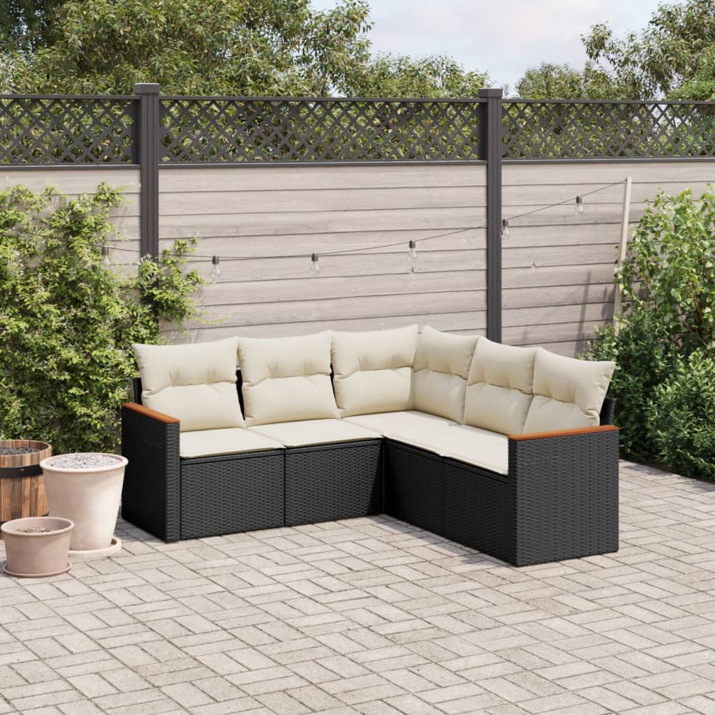 5-delige Loungeset met kussens poly rattan zwart