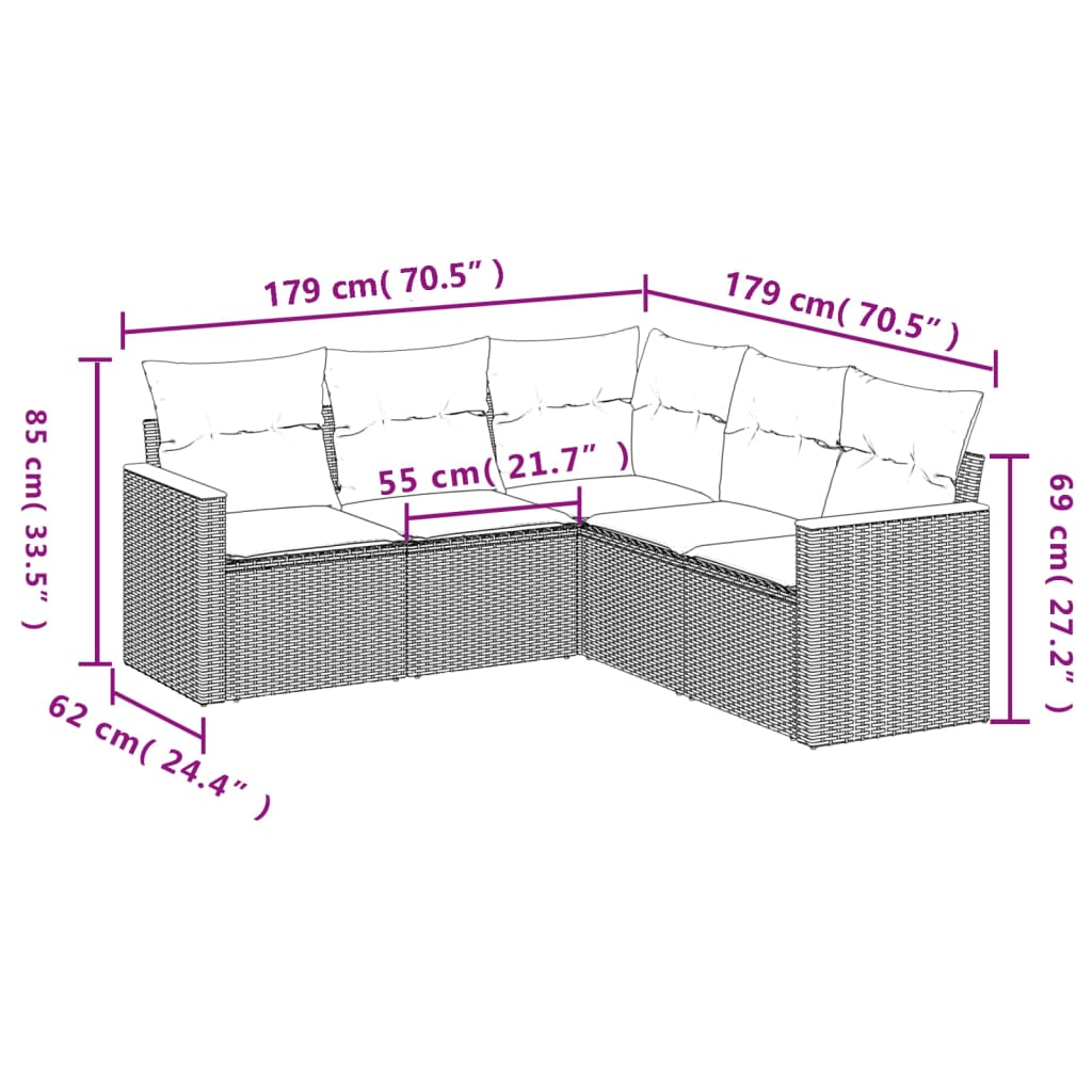 5-delige Loungeset met kussens poly rattan beige