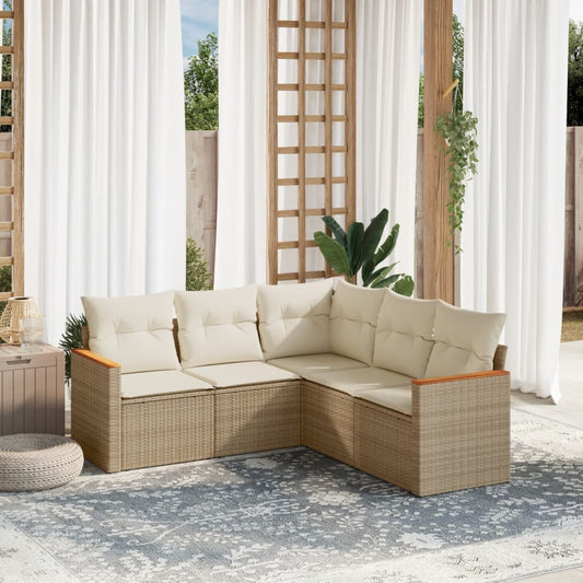 5-delige Loungeset met kussens poly rattan beige