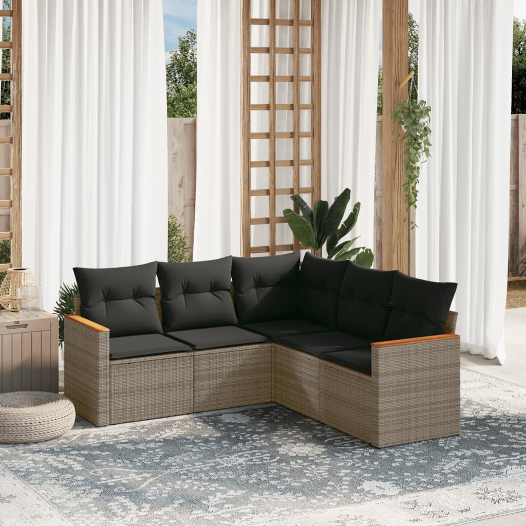 5-delige Loungeset met kussens poly rattan grijs