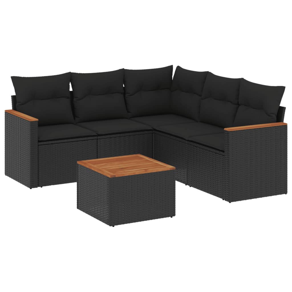 6-delige Loungeset met kussens poly rattan zwart