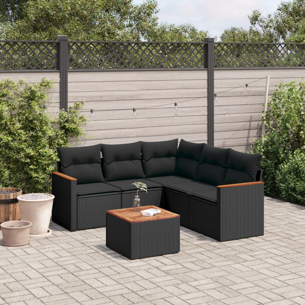 6-delige Loungeset met kussens poly rattan zwart